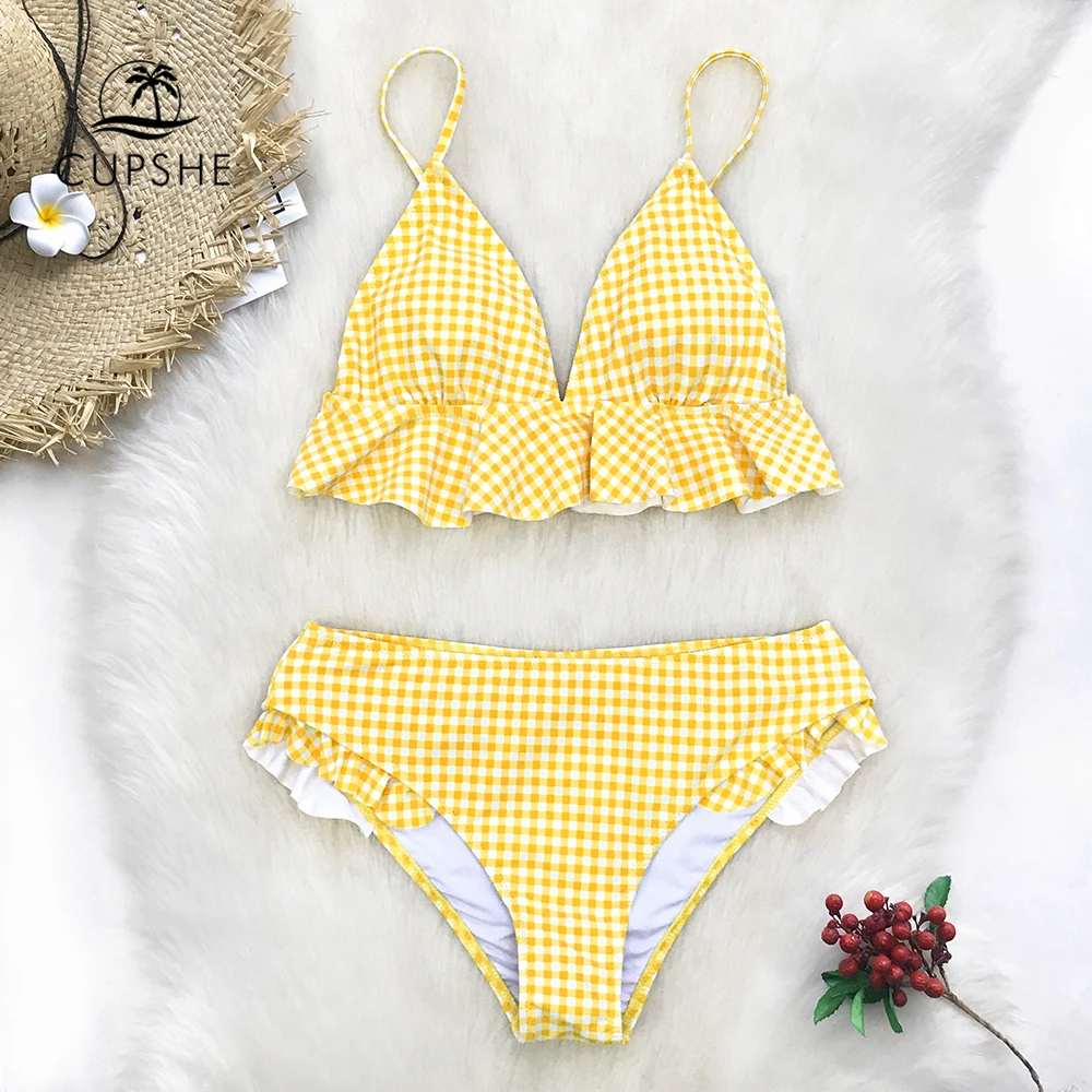 Billige CUPSHE Gelb Gingham Ruffled Bikini Sets Frauen Süße Zwei Stück Badeanzüge 2020 Mädchen Strand Badeanzüge Bademode