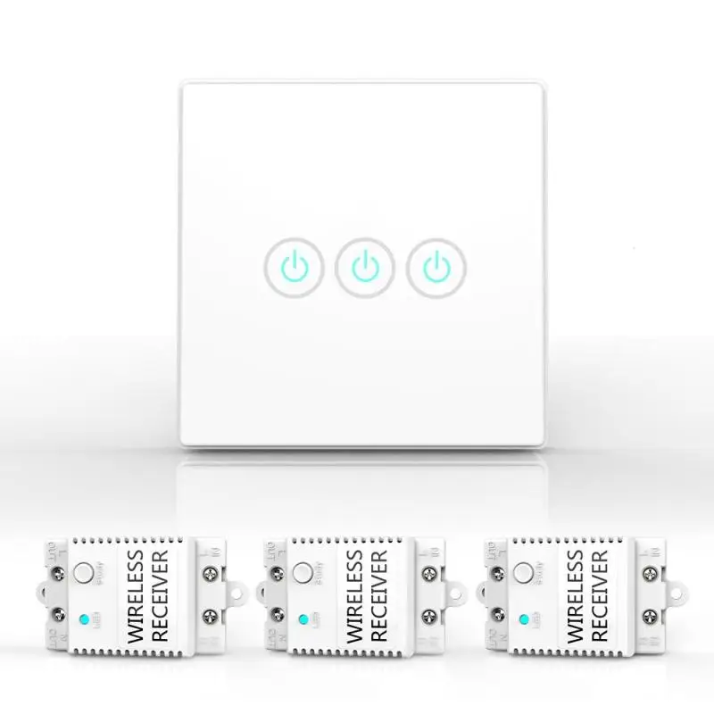 

Wireless Light Switch Kit 3 Gang 433 MHz RF Remote Control and 3pcs Receiver Module Touch Screen Mini Home Wall Light Switch Set