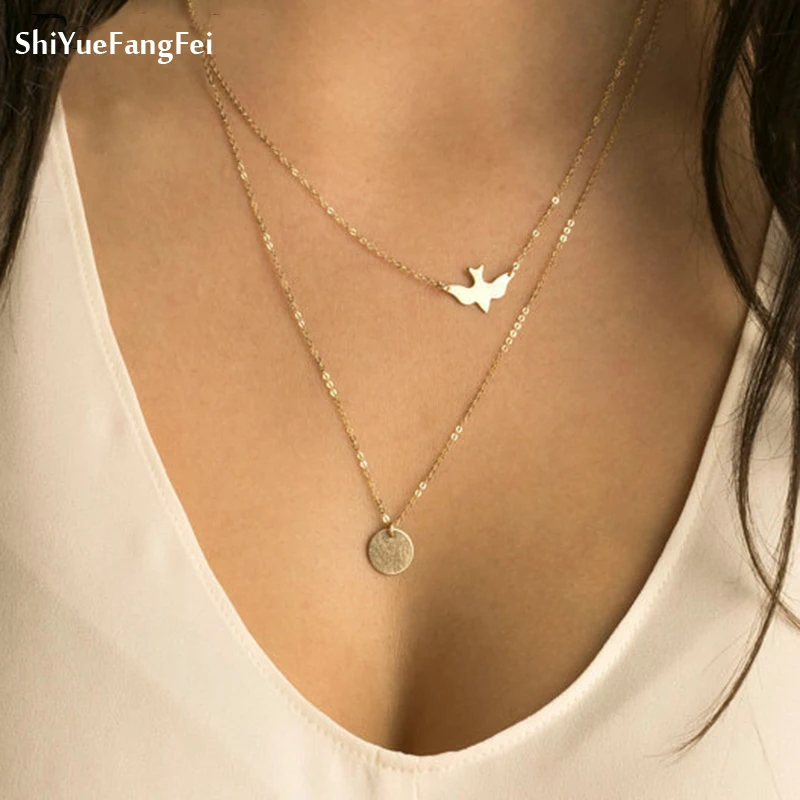 

New best selling double peace dove round necklace layered simple bird necklace clavicle chain charm women's fashion jewelry
