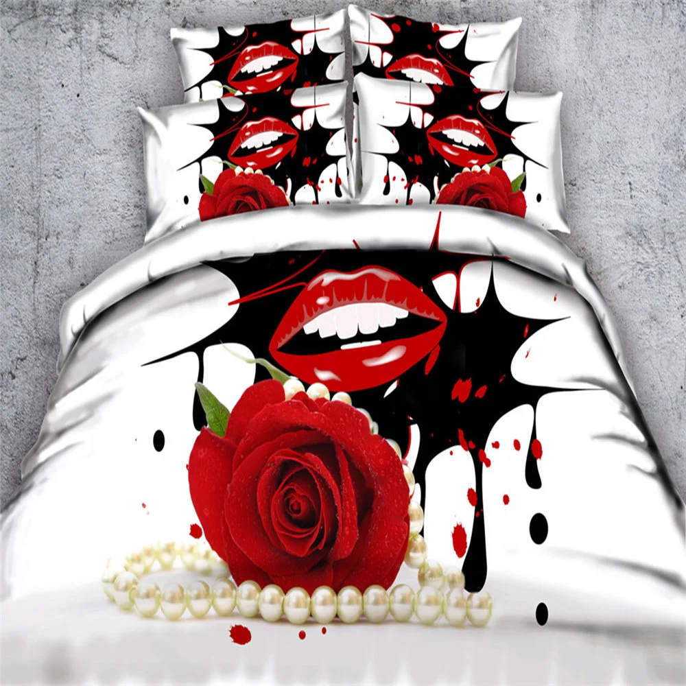 

3D Printing Duvet Cover Red Rose Sexy Lips Bedding Sets Adult/Girls 3/4 pc 500TC Full Queen Super King Wedding Beddings White