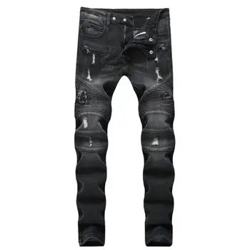 

Mens Black Jeans Men Straight Hole Moto&Biker Stretched Jeans with Zippers Pleated High Quality Jeans Scratched Pants Trousers