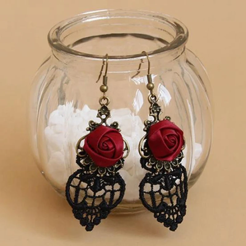 

FUNIQUE 2018 Women's Earrings Vintage Gothic Vampire Halloween Red Flowers Drop Earrings Party Earing Jewelry Brinco