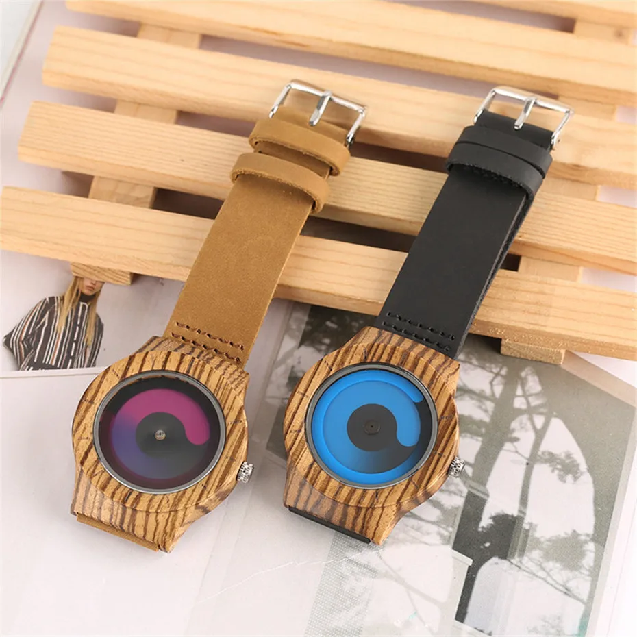 Creative Gradual Color Turntable Handmade Genuine Leather Band Strap Nature Wood Swirl Dial Quartz Wrist Watch Male Sports Clock (25)
