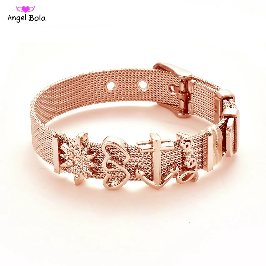 

Dropshipping Band Bracelets Jewelry Rose Gold Stainless Steel Mesh Charms Bracelet Set Hot Selling DIY Charms Women Gifts