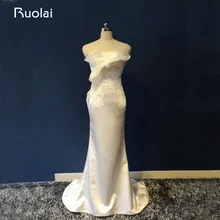 Real Photo Special Design Neck Strapless Mermaid Satin Wedding Dress Sweep Train Bridal Gown Appliqued Wedding Gown ASAW39