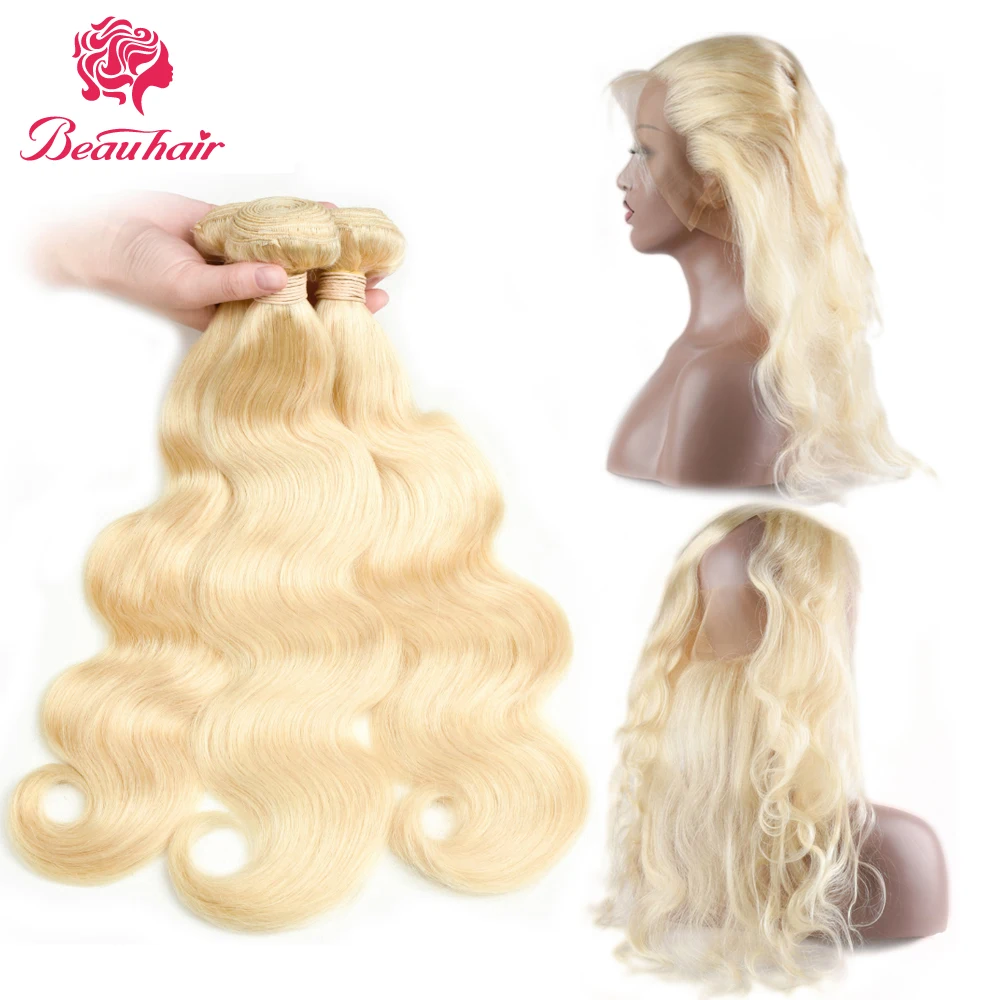 Beau волос перуанской тело волна волос Ткань 3 расслоения 613 блондинка Цвет волос с 360 Кружева Фронтальная не Реми натуральные волосы