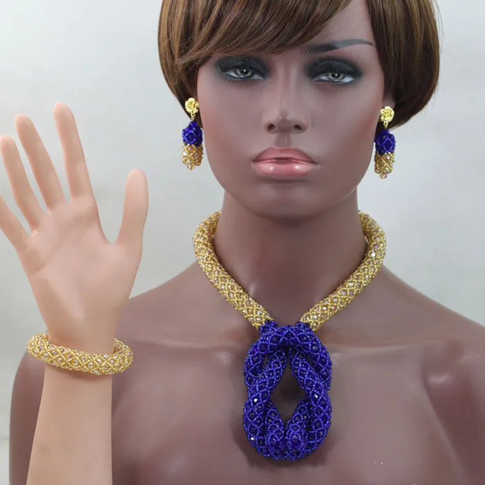 Gold and Royal Blue Chunky Statement Necklace Set African Party Events