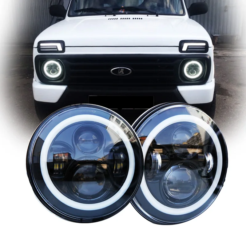 

7 Inch 40W H4 LED Headlights With Angel Eyes Halo For Lada 4x4 Urban Niva Land Rover 90/110 Defender 7" Round Projector Headlamp