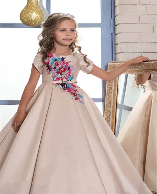 Новое поступление, платье с цветочным узором для девочек на свадьбу, с поясом, молнией сзади, цветочной аппликацией, длиной до щиколотки