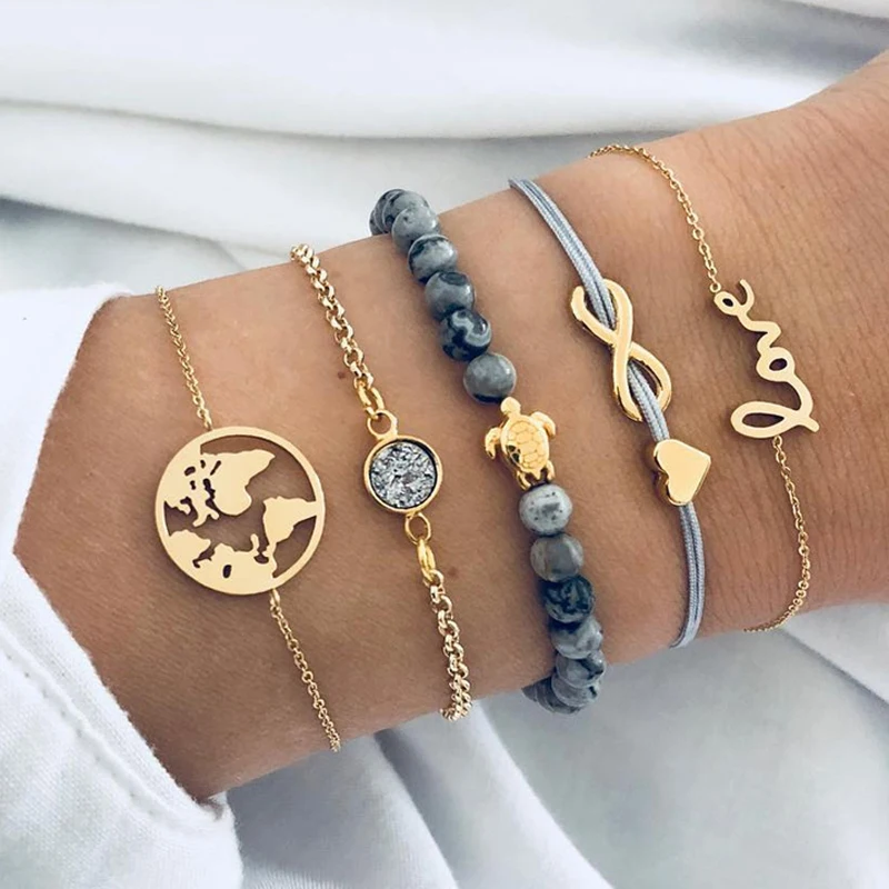 

5pcs/set Bohemian Bracelets Fashion Personality Turtle, World Map, Love, Infinity Love, Strand Beads Bracelet in Gold Wholesale