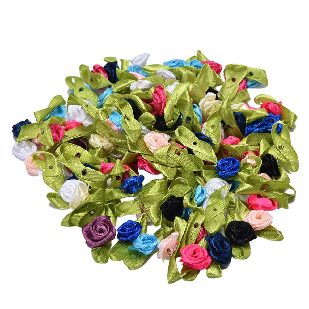 

100 Pcs DIY Satin Ribbon Roses Flower Appliques Scrapbooking Sewing Handmade Small Wedding Party Craft Decor