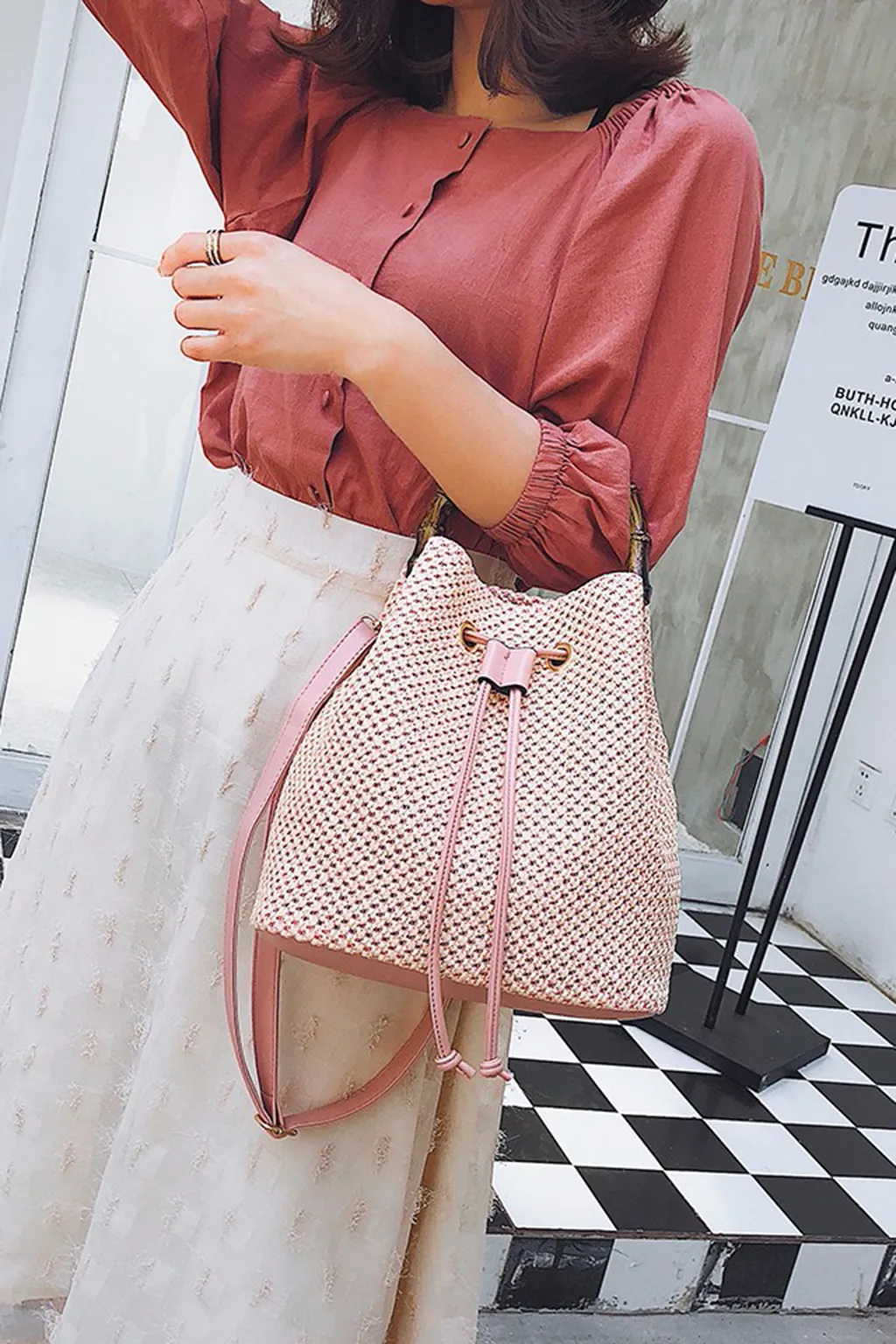 

Drawstring Women Straw Bucket Bag Summer Woven Shoulder Bags Shopping Purse Beach Handbag Straw Handbags Travel Bag 10H