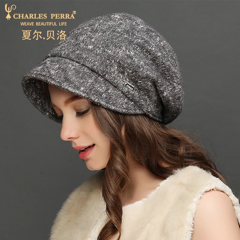 Charles Perra Brand Women Wool Knitted Hats Autumn Winter Thicken Double Layer Warm Beanies Casual Elegant Lady Beret 5213