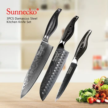 

SUNNECKO 3PCS Kitchen Knives Set Utility Chef Knife Japanese Damascus VG10 Steel Razor Sharp Blade Pakka Wood Handle Cutter Tool