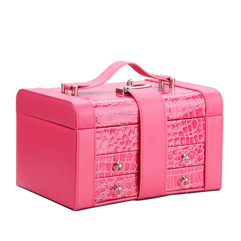 

Rose Large Jewelry Box Necklaces Earrings Organizers 2 Drawers Velvet Storage Case Leather Display Mirror Lock Crocodile Pattern