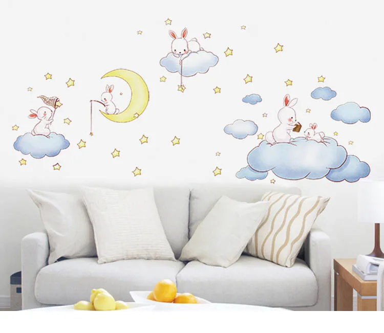 И Мультяшные животные белые облака кролик Звезда Луна настенные наклейки детские комнаты детская спальня домашний декор Луна и настенные наклейки со звездами