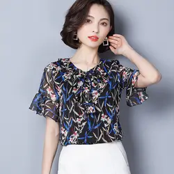 2018 летние женские цветочные шифоновая рубашка короткий рукав Цветочный принт блузка большого размера, расклешенные рукава Повседневное