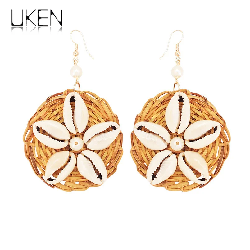 

Bohemia Straw Rattan Knit Dangle Earrings For Women Big Circular Shell Statement Pendant Earrings Jewelry Wholesale UKEN