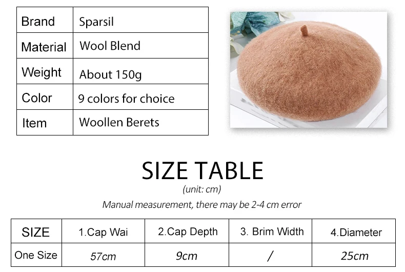 Sparsil, Женский Зимний милый шерстяной берет, одноцветная теплая шапка в виде тыквы, весенне-осенняя Женская плоская шапка, береты, мягкие повседневные Шапки для художника