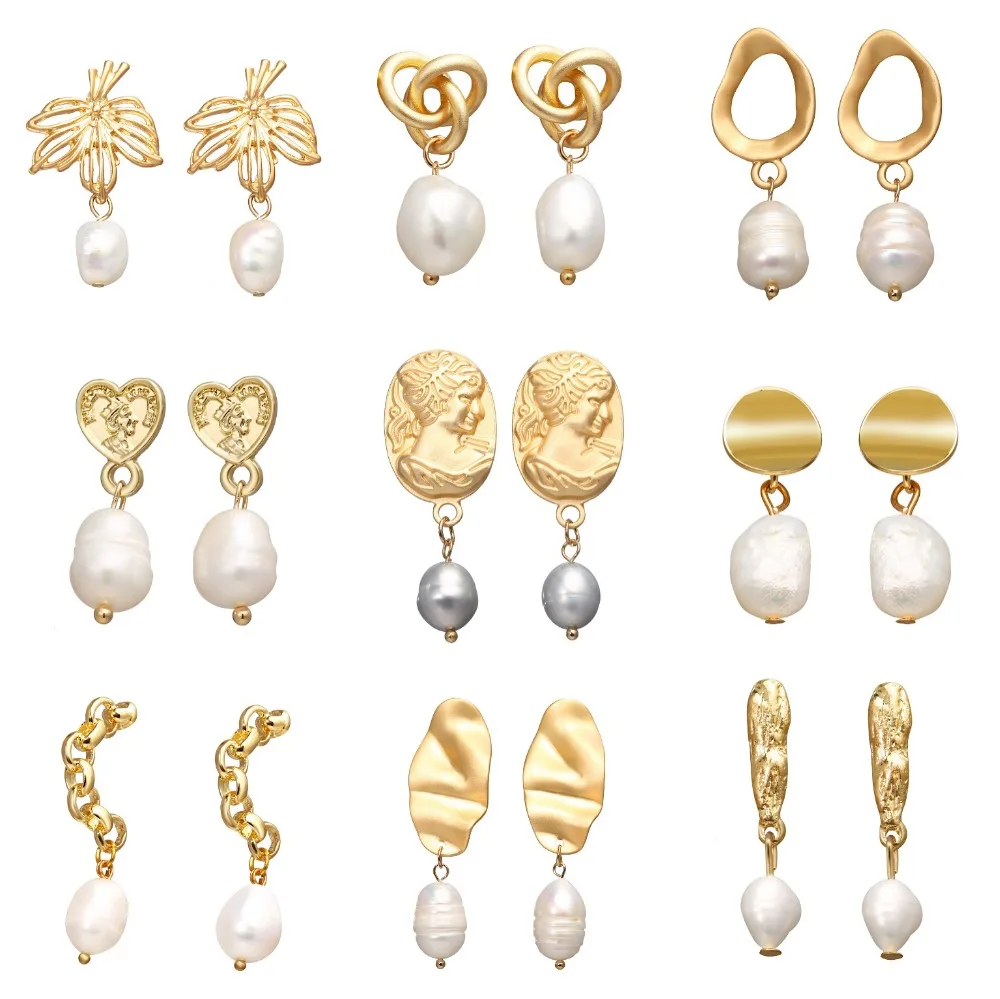 

MuHan Vintage Freshwater Pearl Drop Earrings For Women Baroque Geometric Gold Drop Earring Big Wedding Irregular Fashion Jewelry