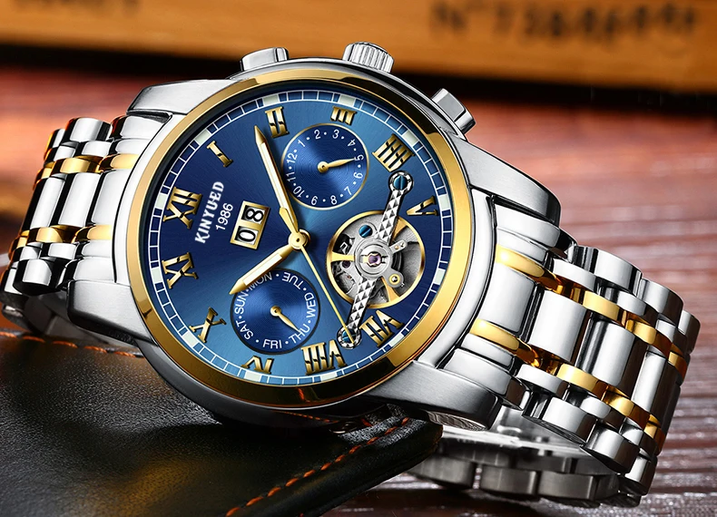 KINYUED Brand Stainless Steel Mechanical Wrist Watches Skeleton Tourbillon Automatic Watch Mens Black Gold Luminous Male Clock  (2)