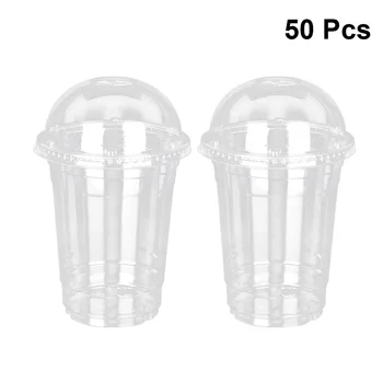 

50pcs Disposable Transparent Plastic Cup Juice Cups Cold Drinks Takeaway Packaging (with Dome Lid)