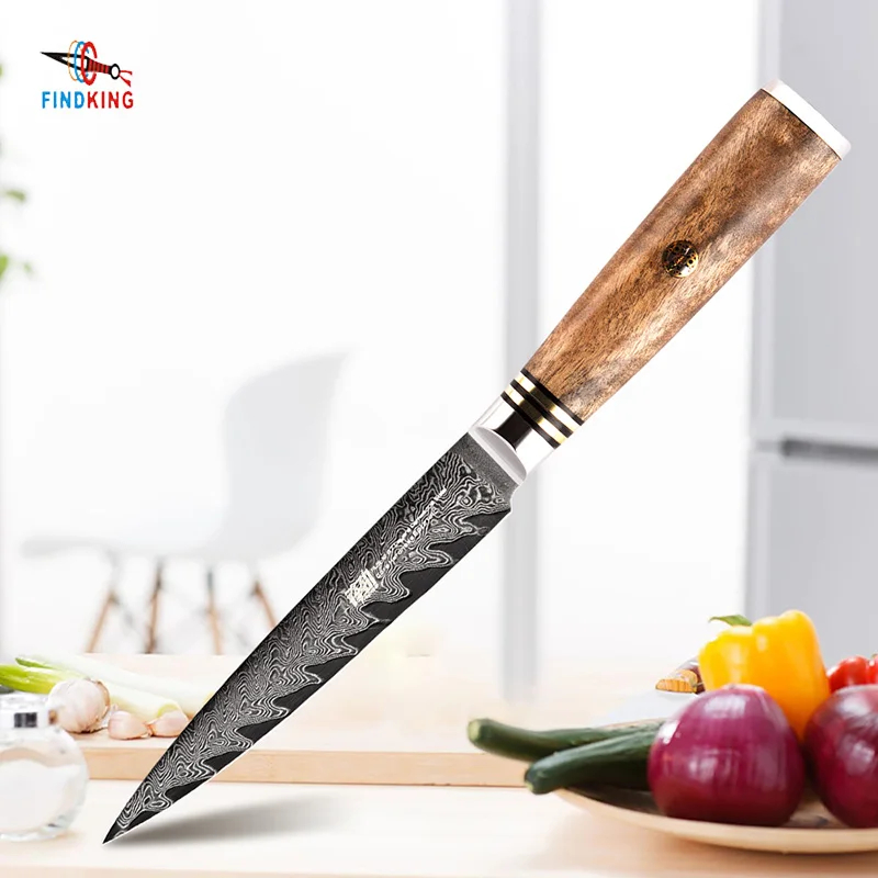 

FINDKING AUS-10 damascus steel arrow pattern Sapele wood handle damascus knife 5 inch utility knife 67 layers fruit knives