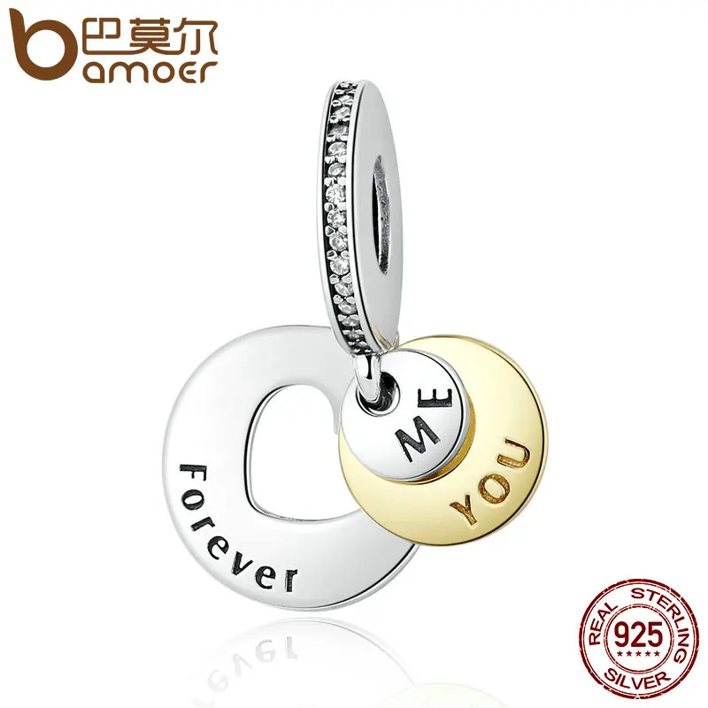 BAMOER Romantic Gift 925 Sterling Silver You & Me Forever, Clear CZ Round Pendant Charms fit Bracelet DIY Jewelry PSC017