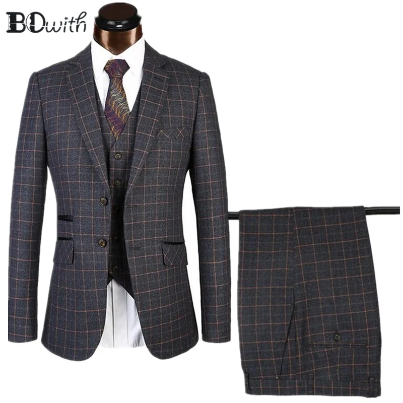 

High Quality Plain Grey Wedding Men Suit Notched Collar Two Button 3 PCs Jacket+Pants+Vest for Wedding Groom Tuxedos Formal Suit