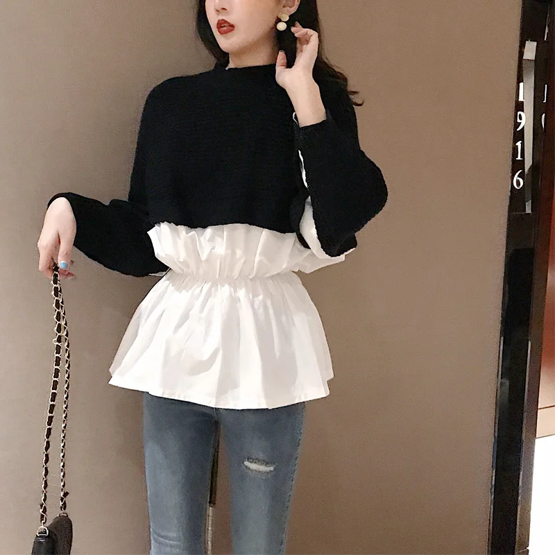

High Quality Autumn 2019 Pleated Hem Fake Two Piece Women Knit Bottoming Shirt Slim Batwing Sleeve Sweater Fashion Avant-garde