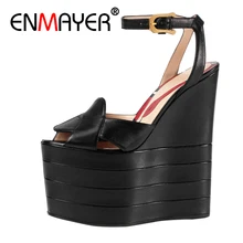 ENMAYER Woman High Heels Sandals Shoes women Summer Peep Toe Buckle strap Fashion Lady Wedges Platform Shoes Buckle strap CR30 sestito woman fashion silk peep toe ankle strap sandals ladies mixed color high heels sandals buckle strap dress runway shoes