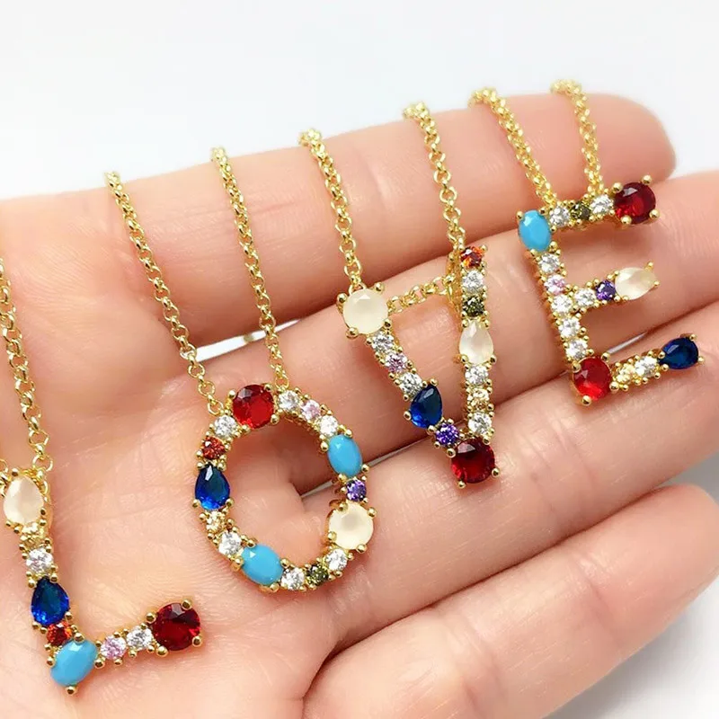 

FLOLA Cubic Zirconia Gold Initial Necklace CZ Rainbow Personalized 26 Letter Necklace for Women Girls iniciales nkep25