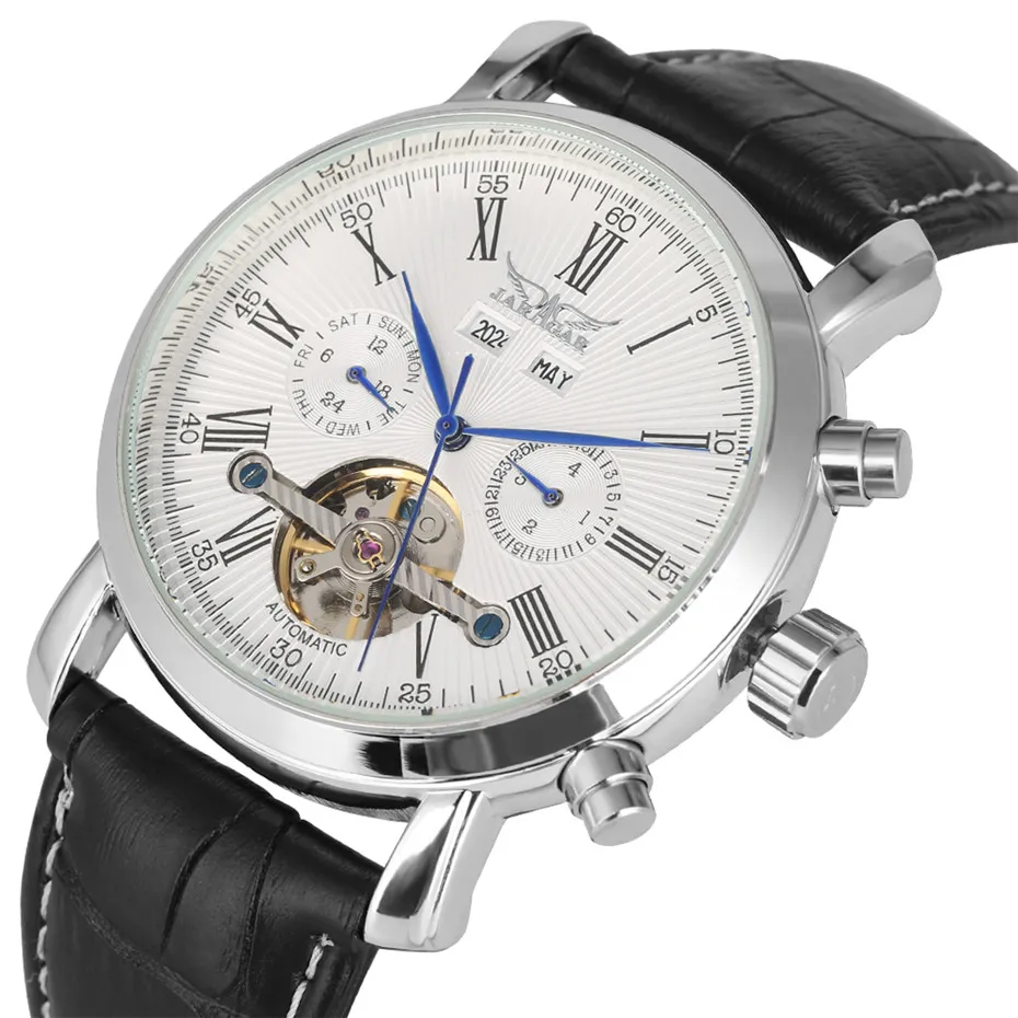 Мужские механические часы с турбийоном от бренда JARAGAR, наручные часы с черным ремешком из натуральной кожи, повседневные мужские часы с полным календарем