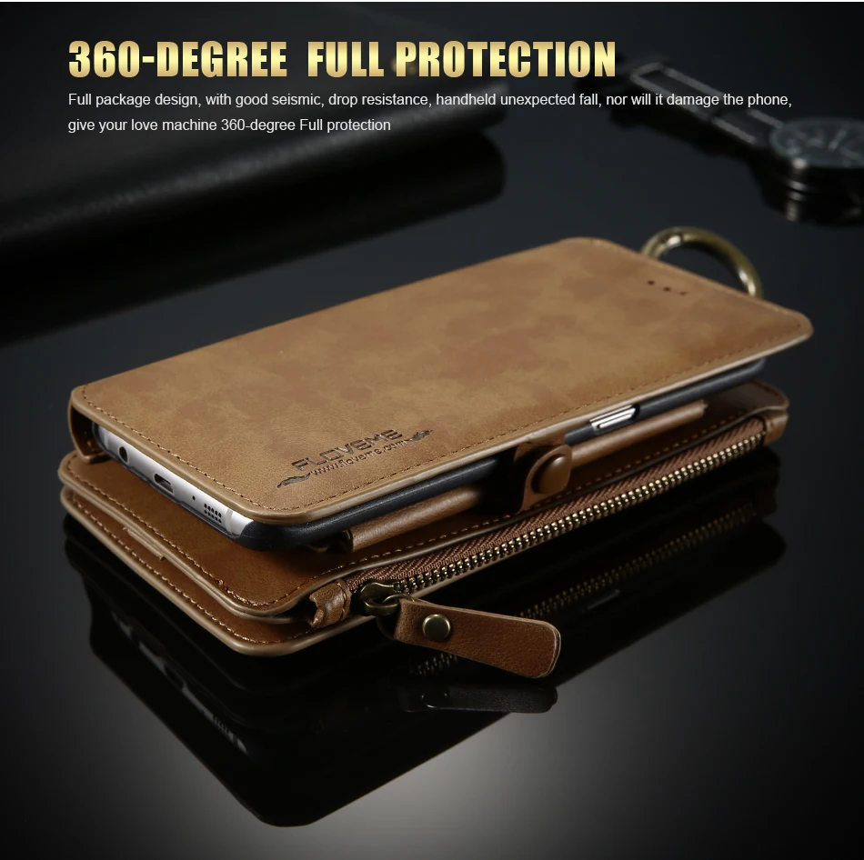 FLOVEME Hybrid Detachable Leather Case For Samsung Galaxy S7 Edge 18 Card Slot Metal Zipper Cash Storage Wallet Pouch Cover Bag (9)