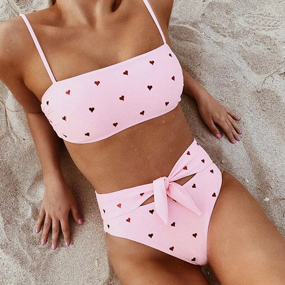 

Heart Bikini Knot Suspender Swimsuit Micro Beach High Cut Bikini Swimwear High Waisted Push Up Sling Bikini Top Women Brazilian