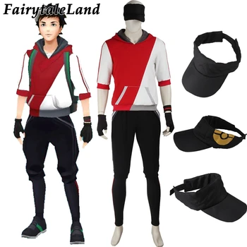 

Pokemon Go cosplay costume Halloween costumes for adult men game Pokemon GO men Trainer suit with hat red hoodie shirt