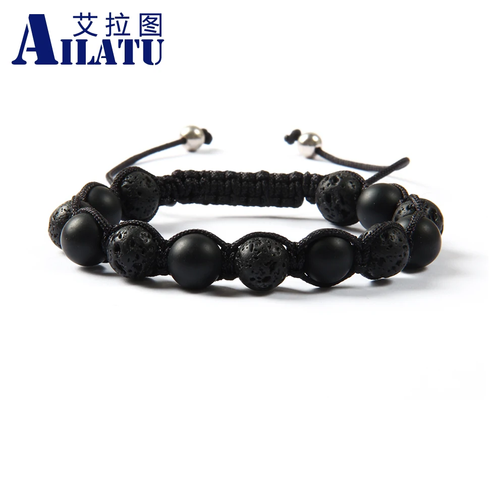

Ailatu 10mm Hot Sale Fashion Lava Rock Stone with Natural Matte Onyx Beads Macrame Bracelet for Men's Gift