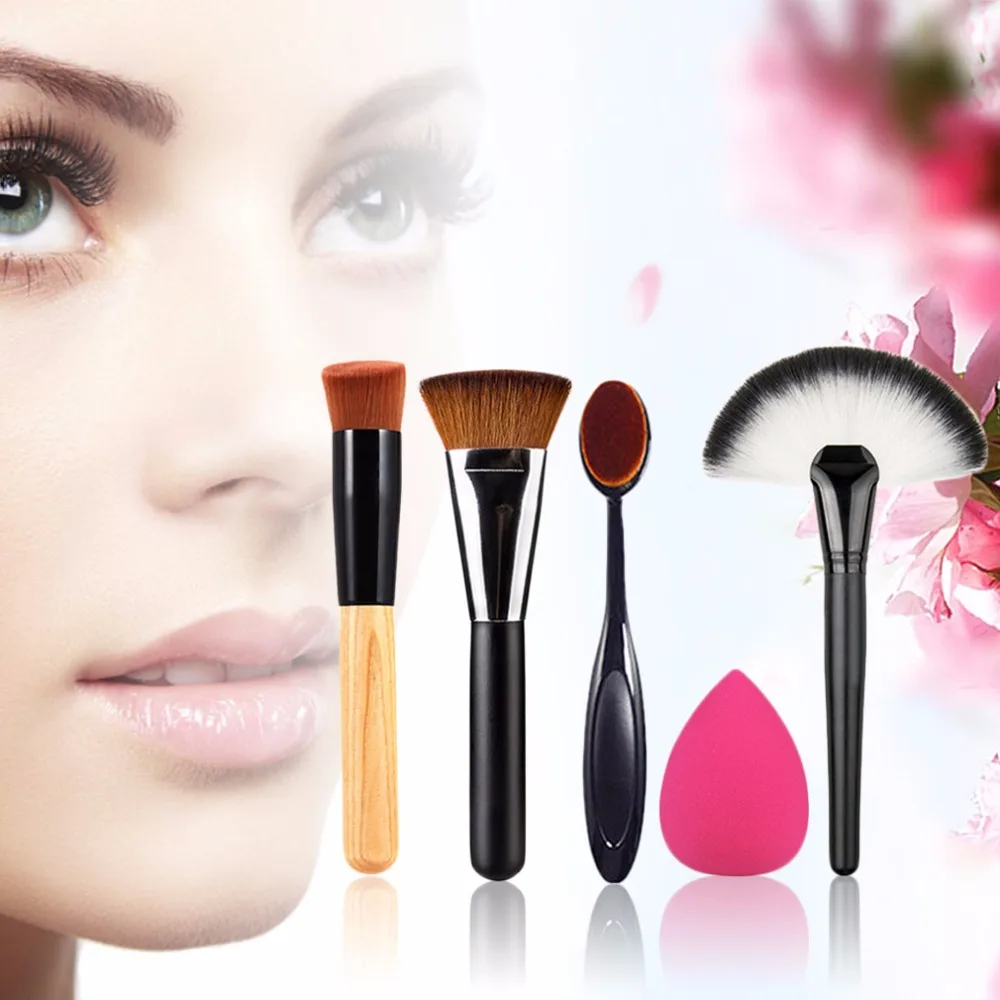 

5pcs/set Pro Cosmetics Makeup Brushes Set Kits Tool Powder Blush Contour Foundation Brush 4 Make Up brush + 1 Sponge Puff