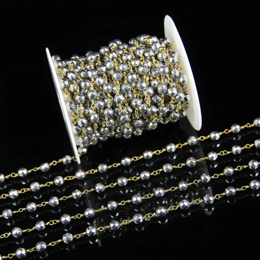 Silver Pyrite in Bronze Brass Wire Rosary Style Beaded Chain,Faceted
