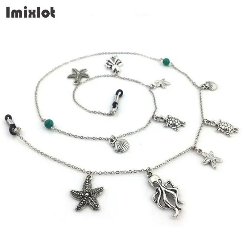 Vintage Thin Copper String Starfish Shell Turtles Eyeglass Chain Reading Stone Beaded Glasses Cord Holder Neck Strap Rope