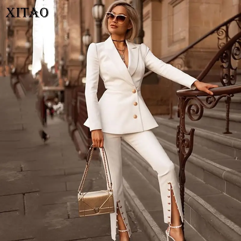 

[XITAO] Single Breasted Women Korea Fashion New Women Turn-down Collar Full Sleeve Top Female Button Full Length Pants XJ1318