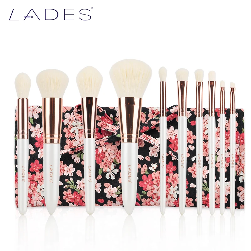 

LADES 10pcs Full Set Pearl White Women Makeup Brushes Kit with Bag Superior Professional Soft Cosmetic Brushes for Makeup-MB031