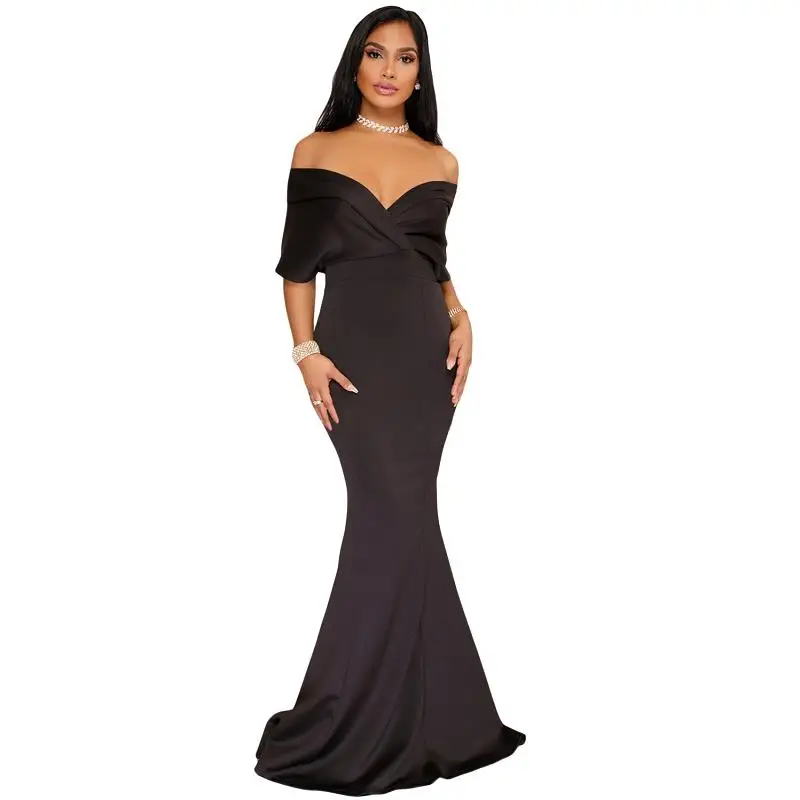 ADEWEL Elegant Women Off Shoulder Formal Party Dresses Vintage Cross Pleated Sleeve Sexy Maxi Dress Vintage Mermaid Long Dress (4)