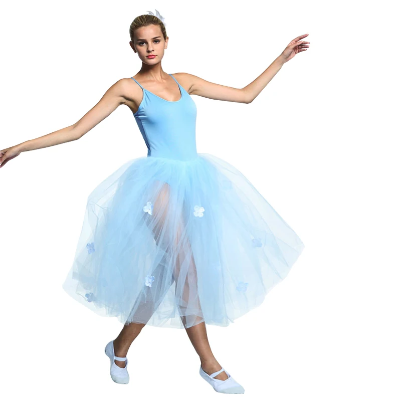 Длинные балетные платья небесно-голубого цвета женские платья для выступлений из тюля и спандекса без рукавов