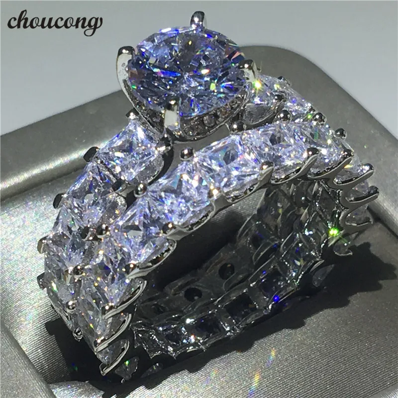 Choucong, Винтажное кольцо, набор, принцесса, огранка, AAAAA, циркон, Cz, 925 пробы, серебро, обручальное кольцо, кольца для мужчин и женщин