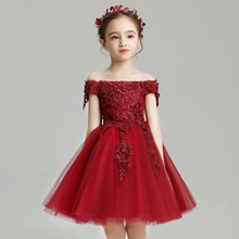 Кружевное платье с цветочной аппликацией для девочек элегантные Бордовые Платья для причастия детский бальный костюм нарядные платья принцессы для выпускного вечера