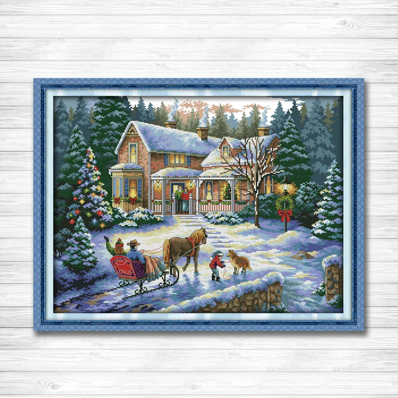 

Return from Christmas winter snowy Scenery,counted print on canvas DMC 14CT 11CT DMS Cross Stitch Embroidery kits Needlework Set