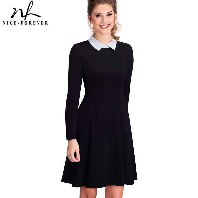 Beste Nice forever Vintage Klassieke Turn down Hals Elegant Ladylike Charmant Solid Volledige Lengte Mouw Baljurk Formele Vrouw jurk A016