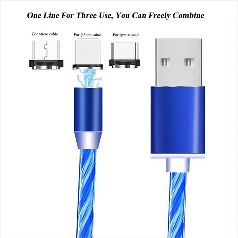 

RHOADA 1M 3.28ft Flowing LED Lights Magnetic Charging Cable 8Pin IOS/Type C/Micro USB Plug 360 Degree Rotating TPE Charge Cables