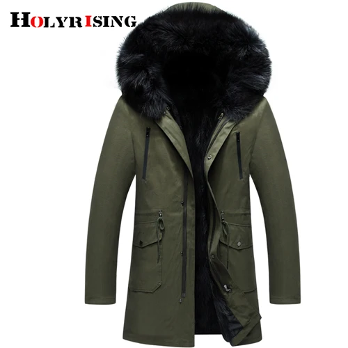 Holyrising, зимние мужские парки с воротником из меха енота, мужская куртка из меха кролика Рекс, теплая подкладка, длинное пальто, большие размеры 18622-5 - Цвет: Green